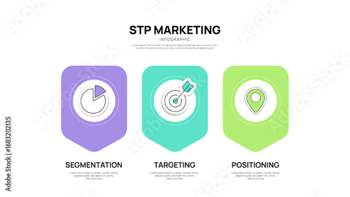STP marketing framework model infographic diagram template with icon for presentation has segmentation and targeting, positioning. target market positioning map. Brand positioning value proposition.