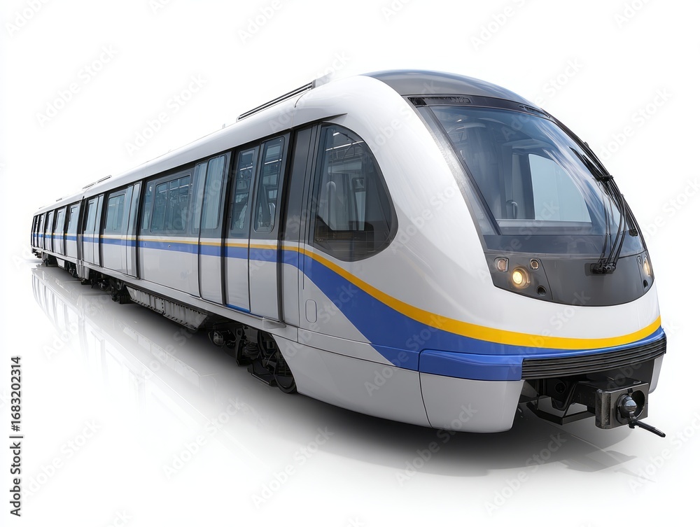 Fototapeta premium A modern light rail train, sleek and stylish, is prominently displayed against a pure white background.