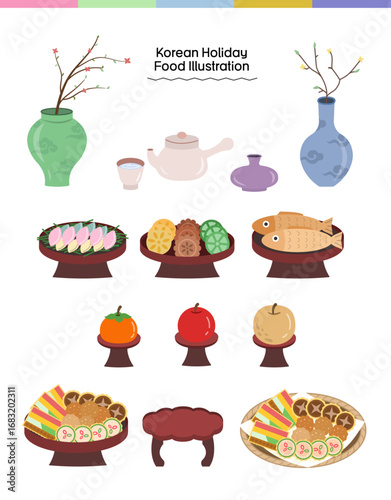 Korean Traditional Holiday Food Table Illustration Set