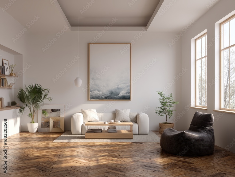 Fototapeta premium A living room with a white couch, a coffee table, and a potted plant