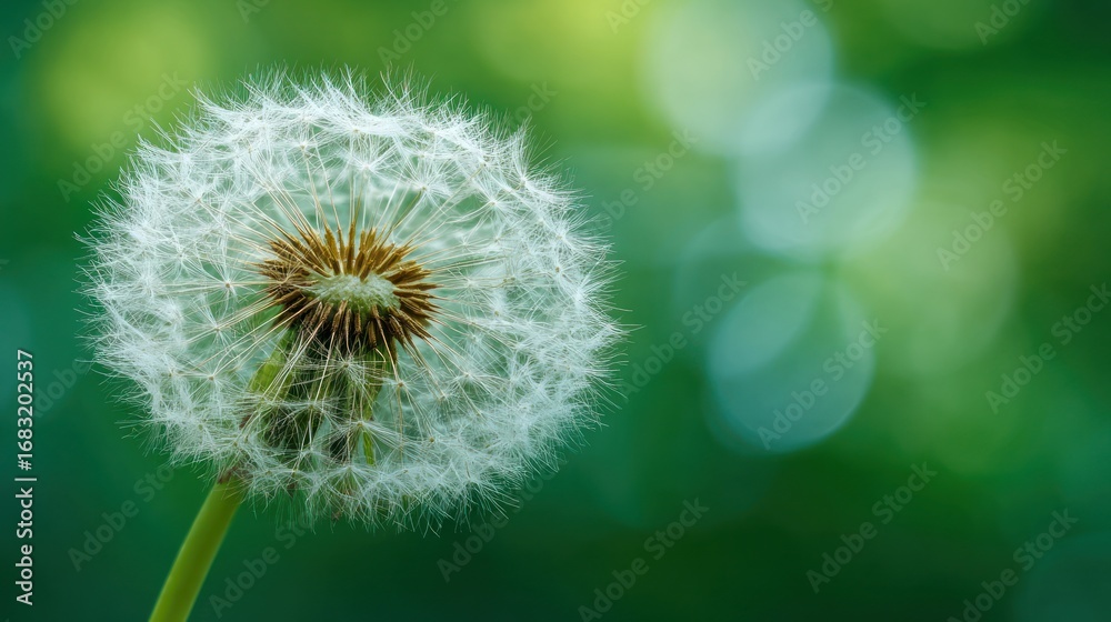Obraz premium Close up of a white dandelion seed head against a blurred green bokeh background
