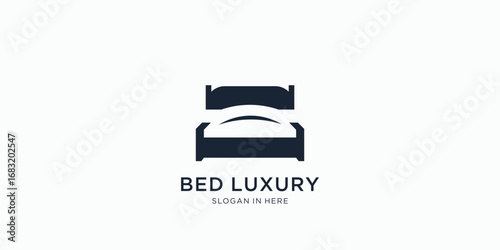 Bedroom logo design Inspiration, Double bed icon, cushion, blanket, sheets, pillow, mattress topper, curtain, bathrobe vector illustrations. 