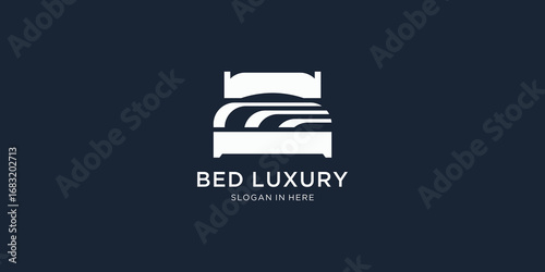 Double bed with pillow and duvet logo design, Bed icon, Mattress logotype, Bedroom furniture vector logo design inspiration 