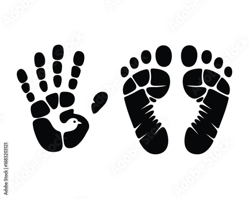 Black and White Illustration of a Baby's Handprint and Footprint, Symbolizing New Life and Innocence