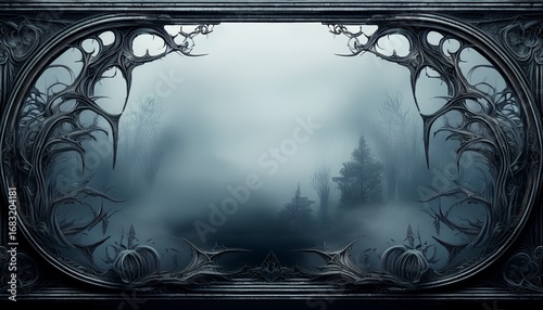 gothic frame with dark decorative corners and ghostly fog