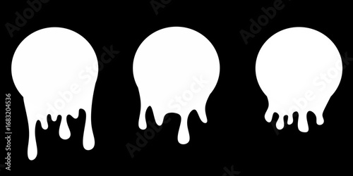 Dripping milk icon. Set of white round shapes with dripping liquid texture on a black background. Isolated vector illustration.