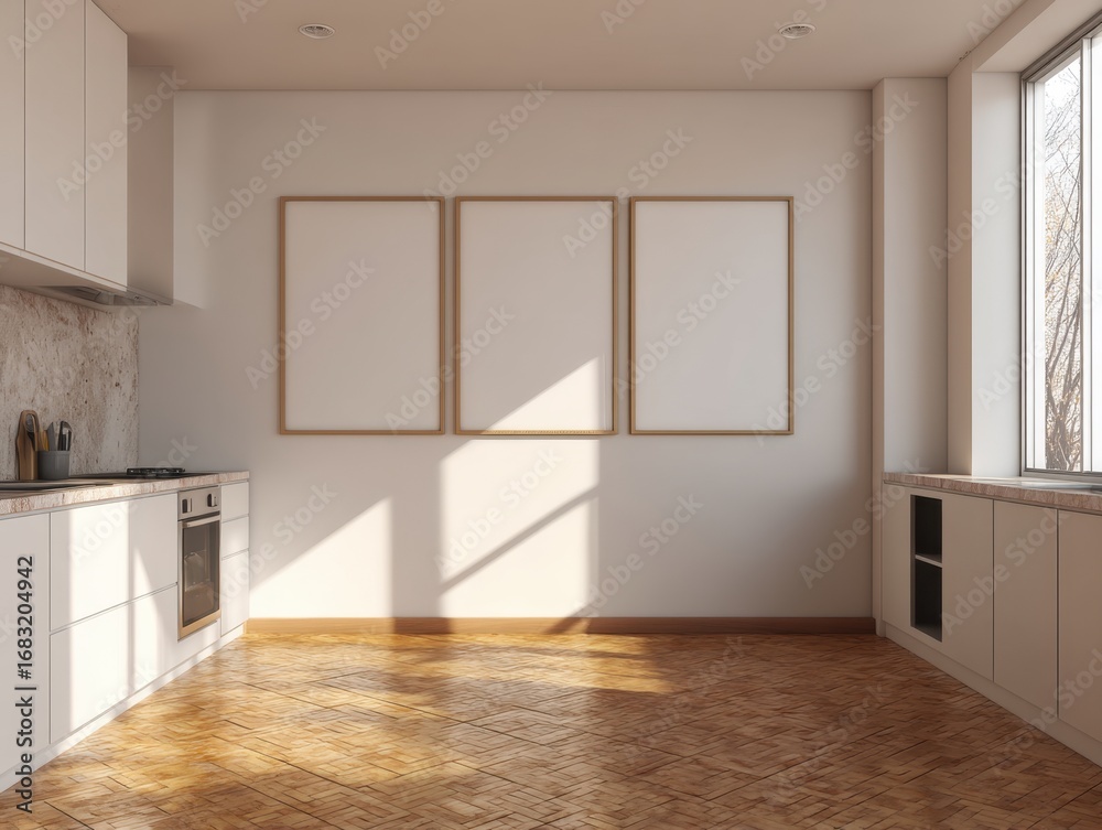 Fototapeta premium A kitchen with a window and three empty picture frames on the wall