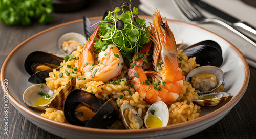 Seafood risotto elegantly plated with shrimp mussels and clams, promising a delicious culinary