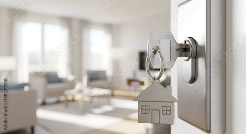 House key in the lock with home keychain in front of modern living room interior showing concept