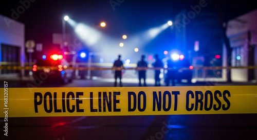 Police line do not cross tape with officers and patrol cars at night crime scene investigation in progress
