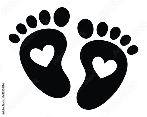 Adorable silhouette illustration of tiny baby feet with sweet hearts, symbolizing new life, love, and tender beginnings, perfect for birth announcements or childcare themes