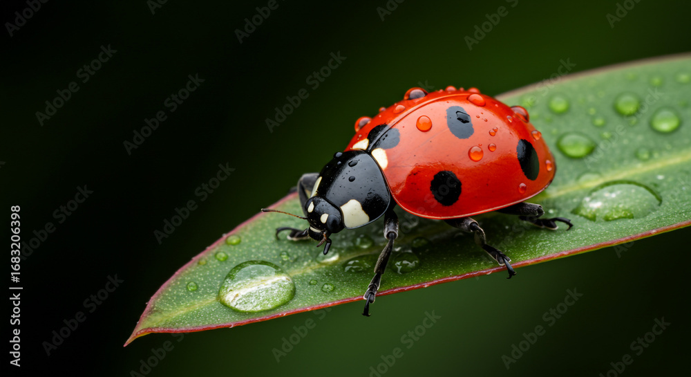 Fototapeta premium Vibrant ladybug with dew drops rests on a wet green leaf, showcasing nature's delicate beauty