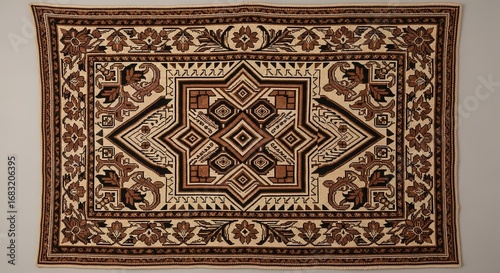 Intricate geometric and floral pattern in brown, black, and beig