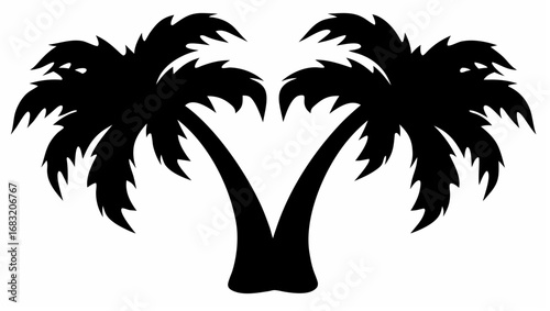 Two palm trees silhouette with overlapping trunks and fronds creating a symmetrical tropical design icon