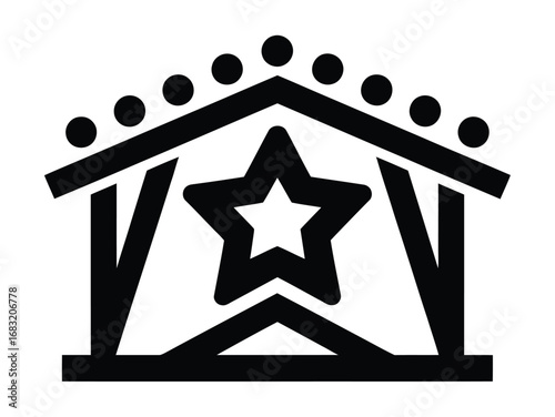 A simple black silhouette icon of a Christmas nativity stable with a large star inside, representing a vector graphic for religious holidays
