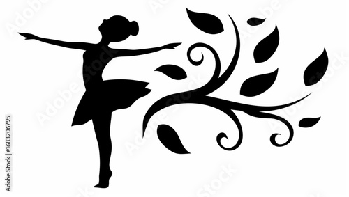Silhouette of a ballerina in a graceful pose with arms outstretched and a decorative floral element behind her