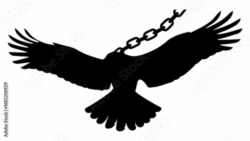 Silhouette of a bird with outstretched wings and a chain around its neck against a white background view