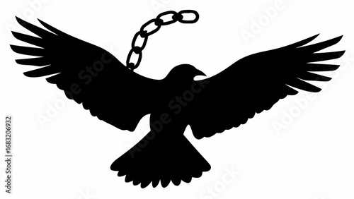 Silhouette of a bird with outstretched wings and a broken chain hanging from its neck in black and white