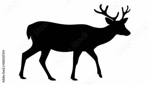 Silhouette of a deer standing with antlers visible against a white background in a simple illustration