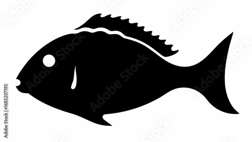 Silhouette of a fish with a prominent dorsal fin and a visible eye on a white background simple design