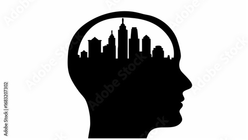 Silhouette of a head with a cityscape inside the head representing thoughts and ideas in black and white style