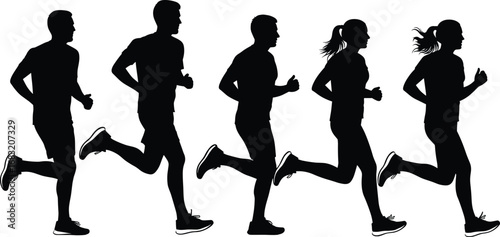 Silhouette vector illustration of men and women jogging or running together for fitness, health, cardio training, workout, and exercise activity.