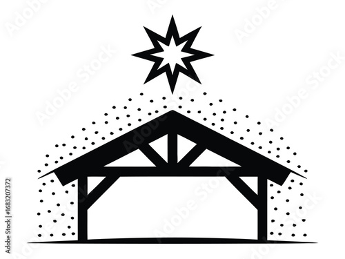 Minimalist Nativity Manger and Star – Black Silhouette Vector Icon for Christmas and Christian Holiday Design
