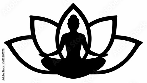 Silhouette of a person in lotus position meditating inside a stylized lotus flower illustration design
