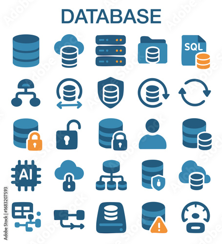 A comprehensive vector icon set illustrating various concepts in database and data management, designed in a flat modern style.