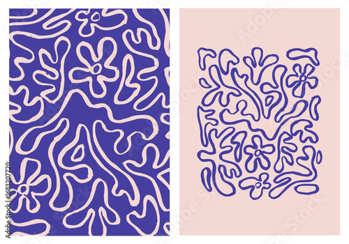 Abstract background with wavy swirled brush strokes. Hand drawn ink texture mid century style. Brushstrokes, lines, squiggle pattern. Organic shapes, indigo color