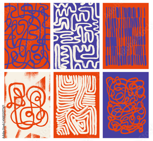 Abstract shapes in doodle grunge style. Maximalist modern wall art posters set. Organic shapes, continuous line