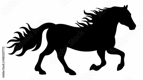 Silhouette of a horse with a flowing mane and tail in a running or prancing pose against a white background