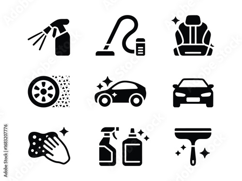 A comprehensive vector icon set representing car wash and auto detailing services, including symbols for washing, polishing, interior cleaning, and maintenance