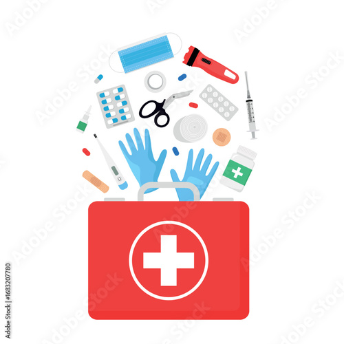 First aid kit illustration with medical supplies: gloves, mask, thermometer, pills, syringe, bandages and scissors. Emergency healthcare concept, flat design medical equipment vector