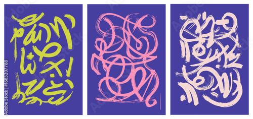 Modern abstract backgrounds set with wavy shapes and lines. Painting art print templates. Trendy posters with bold brush lines with spray texture. Expressive bold strokes texture. Street art style