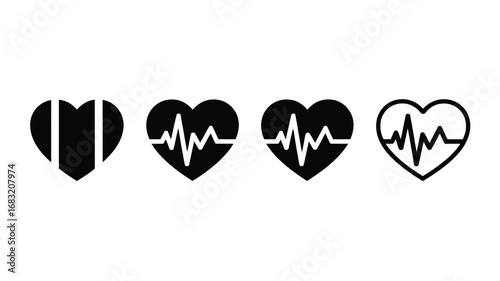 Heartbeat icon set in a simple black and white design. Vector symbols of heart rate, pulse, and cardiogram for medical and health applications
