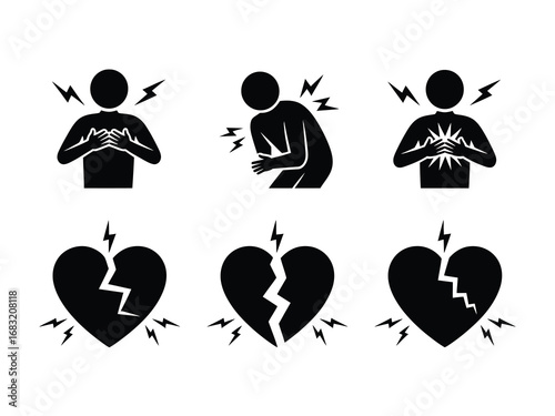 A set of six minimalist black icons representing heart attack, chest pain, and emotional heartbreak, isolated vector design elements