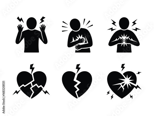 Set of six minimalist black and white vector icons showcasing representations of heart pain, chest discomfort, and symbolic broken hearts, reflecting emotional and physical distress