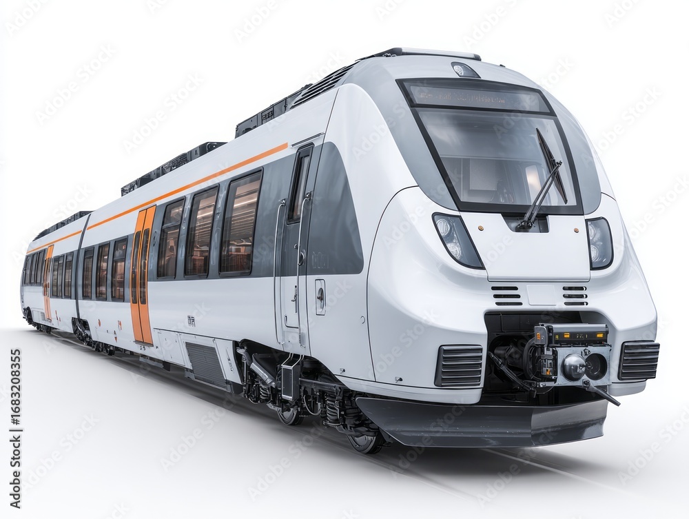 Fototapeta premium Modern, light-gray and white train, with orange accents, isolated on a white background, showcases sleek design elements.