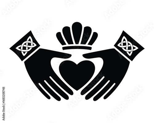 A striking black graphic illustration featuring two hands gently cradling a heart, topped by an elegant crown. This symbolic design beautifully represents love, loyalty, and friendship