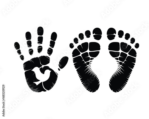 Grungy sketch of a black handprint and footprints. A striking vector illustration representing humanity, family, or a newborn child