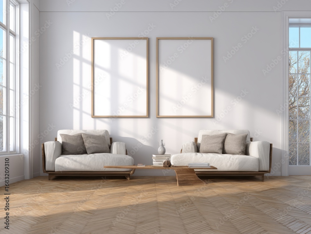 Obraz premium A white room with two couches and two empty picture frames