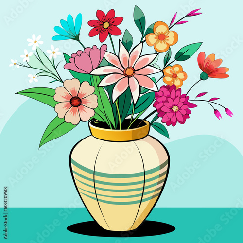 Ceramic vase filled with colorful flowers on a light background