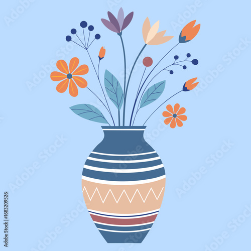 Ceramic vase filled with colorful flowers in bright background