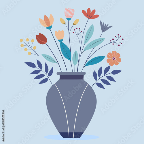 Vase of colorful flowers on a blue background