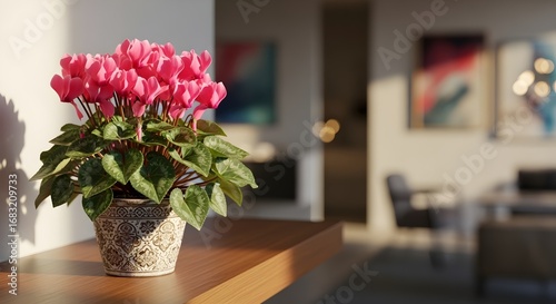 Elegant pink cyclamen plant in decorative pot on a wooden surface, modern interior design