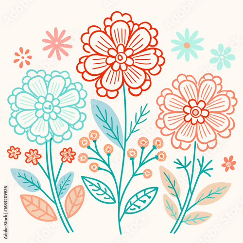 Cluster of three small wildflowers blooming in pastel colors