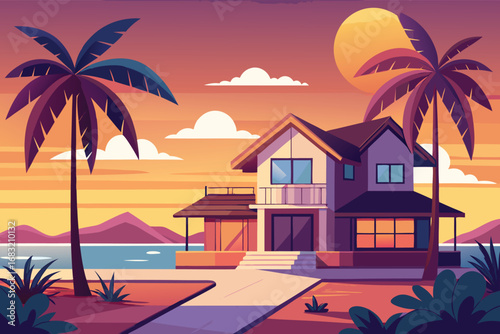 Colorful Beachfront House at Sunset, Perfect for Vacation Posters