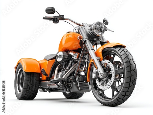 A vibrant orange trike motorcycle, detailed and glossy, against a pure white background.
