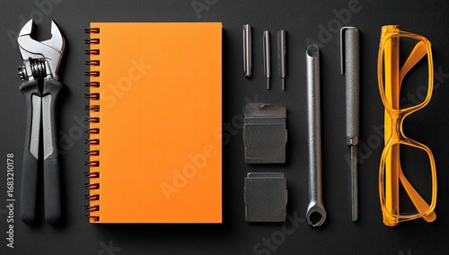 Flatlay of tools and notebook